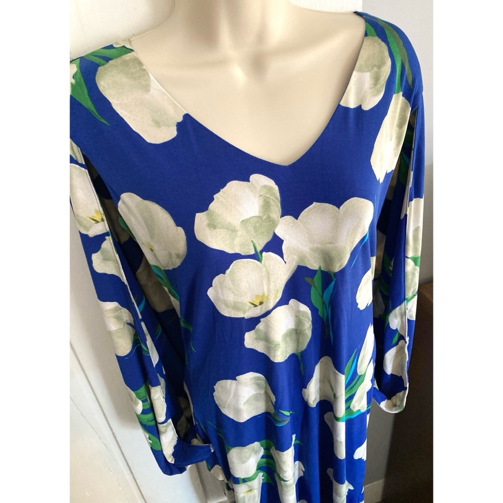 Marc Bouwer Cape Back Cocktail Dress Blue Floral Stretch Size Small
